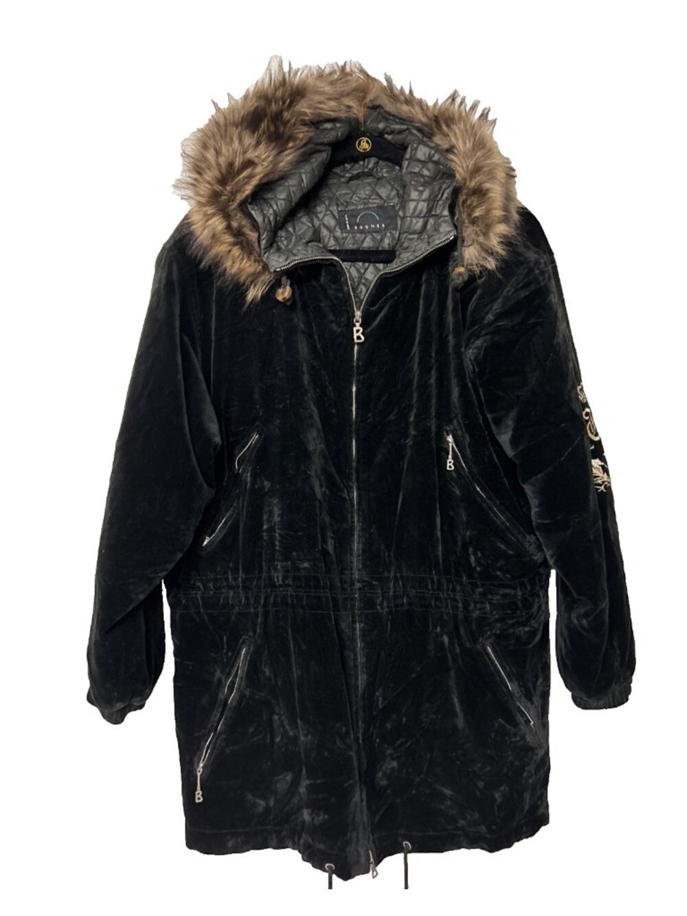 Bogner Black Velvet Fur Trim Hood Womenโs Full Zip Coat Ski Size 10